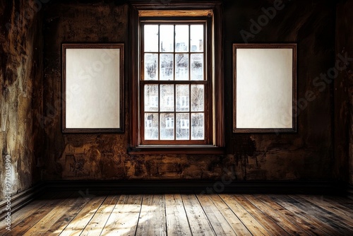 The living room is dark blue without windows, the floor is parquet and mockup posters hang on the walls