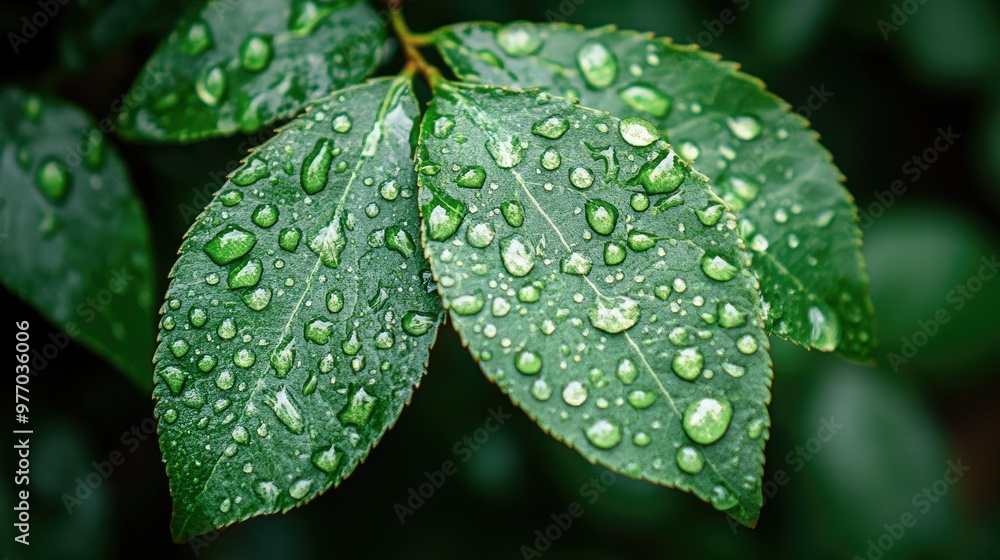 A fresh spring leaf covered in raindrops after a passing shower, with each drop magnifying the delicate veins of the leaf. A fresh spring leaf covered in raindrops after a passing shower, with each drop magnifying the delicate veins of the leaf.