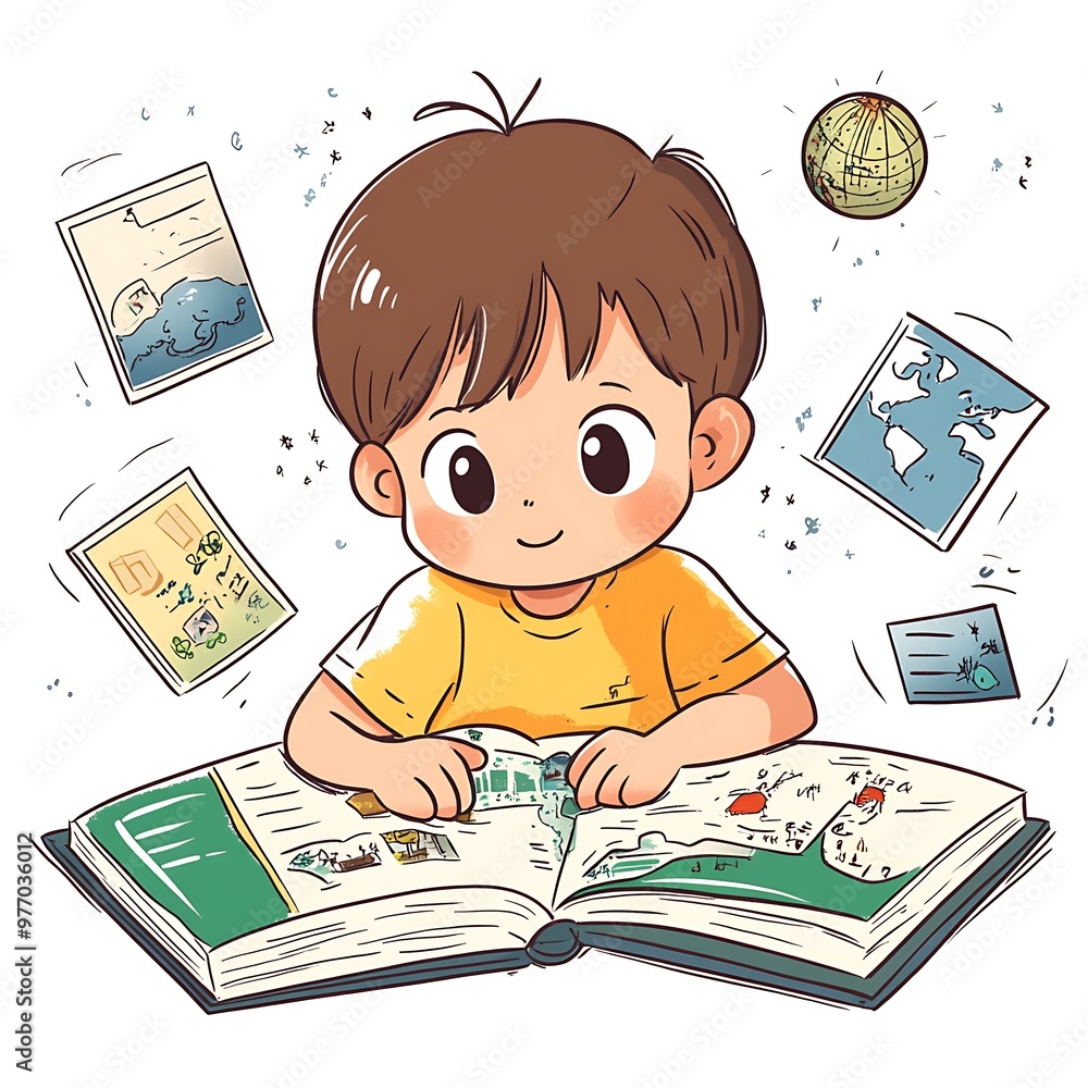 Young Boy Studying Geography with Open Book and Globe. Young Boy Studying Geography with Open Book and Globe.