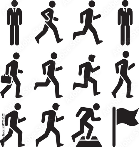 Man stands, walk and run icon set. People symbol. Person standing, walking and running illustration. Run, walk, stand. Vector illustration.generative ai