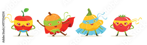Superhero Fruit and Vegetables In Masks And Capes Vector Set