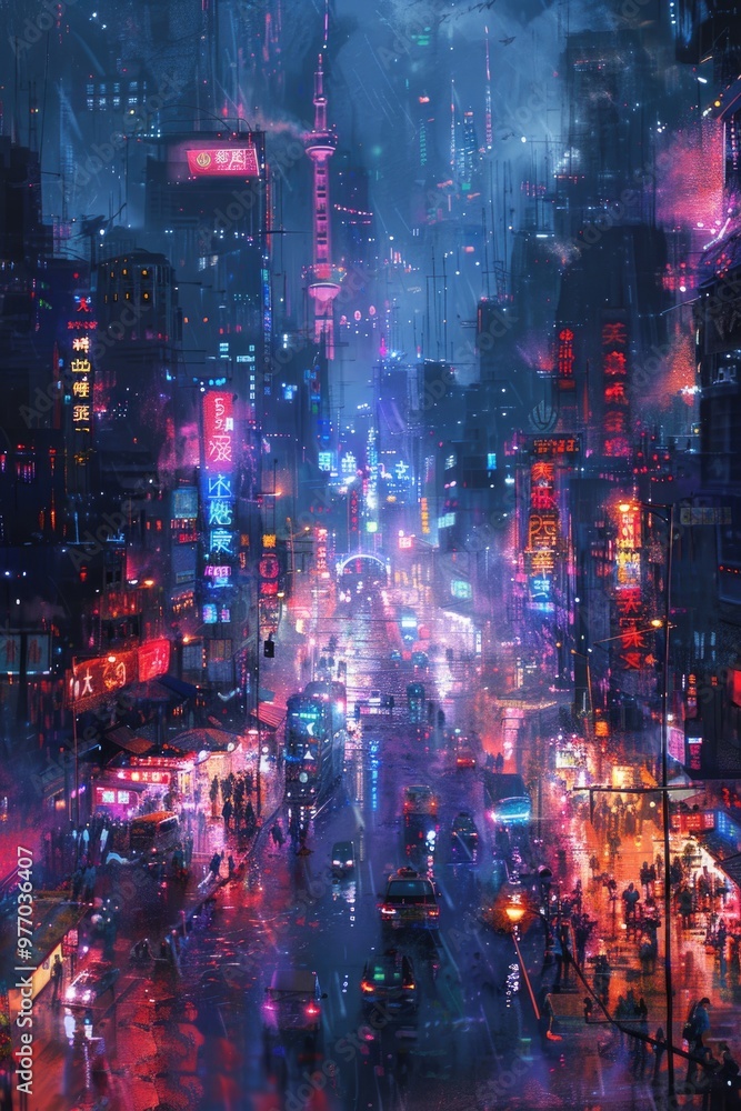 Vibrant Cyberpunk Futuristic Cityscape at Night with Neon Lights and Rainy Streets Vibrant Cyberpunk Futuristic Cityscape at Night with Neon Lights and Rainy Streets