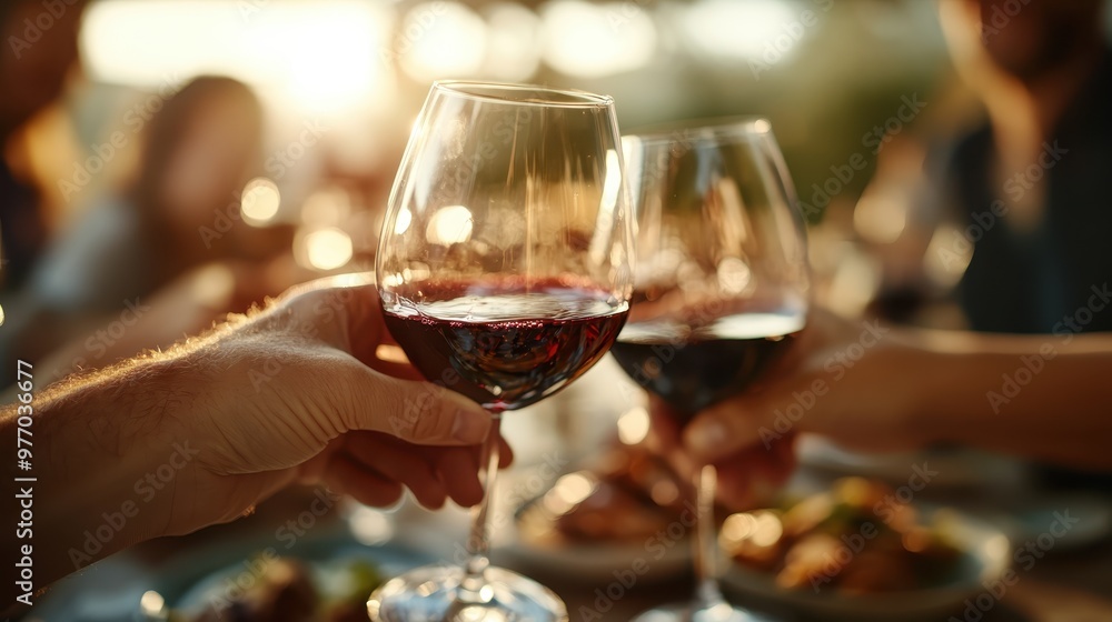 This image captures a moment of two people clinking their wine glasses together, celebrating or toasting against a beautiful sunset backdrop, emphasizing friendship or celebration. This image captures a moment of two people clinking their wine glasses together, celebrating or toasting against a beautiful sunset backdrop, emphasizing friendship or celebration.