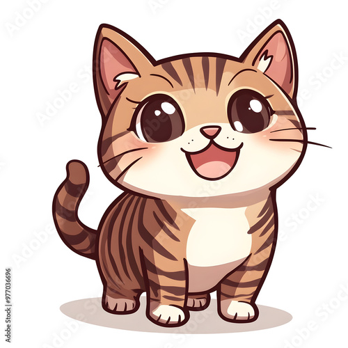 Playful Tabby Cat with Wagging Tail in Chibi Style on White Background