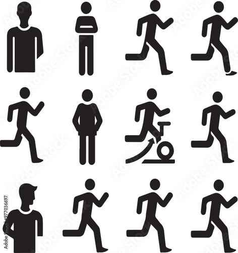 Man stands, walk and run icon set. People symbol. Person standing, walking and running illustration. Run, walk, stand. Vector illustration.generative ai