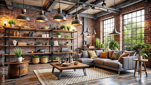 Industrial-chic home decor store with exposed brick walls and metal accents