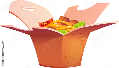 Cartoon fast food takeout box with wok noodles, vegetables and chunks of meat. Isolated vector open takeaway carton container, package with spaghetti, veggies and pork. Traditional China or Thai dish