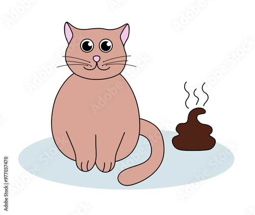 Problem with cat behavior. Kitten goes to the toilet on floor. Cute hand drawn flat illustration.