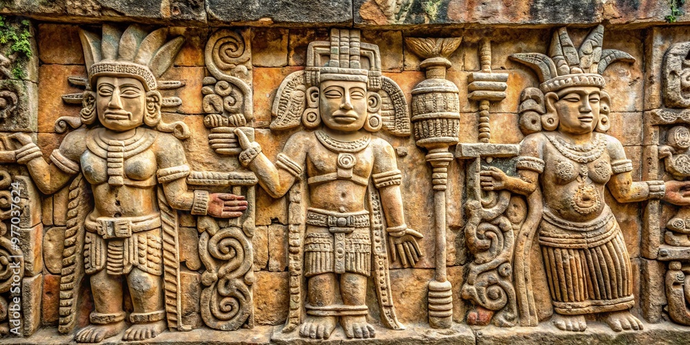 Intricate carvings adorn the stone wall, with human figures in varying poses, hieroglyphics telling of rituals and mythological tales, worn smooth by time's passage. Intricate carvings adorn the stone wall, with human figures in varying poses, hieroglyphics telling of rituals and mythological tales, worn smooth by time's passage.