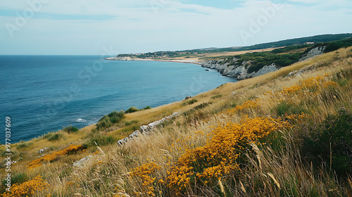 A wide view of a European coastline impacted by the spread of invasive sea buckthorn, altering the natural landscape  photo