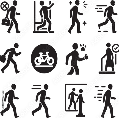 Man stands, walk and run icon set. People symbol. Person standing, walking and running illustration. Run, walk, stand. Vector illustration.generative ai