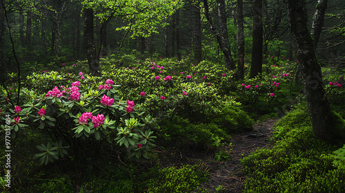 Invasive rhododendron bushes covering large areas of a European forest floor, limiting biodiversity 