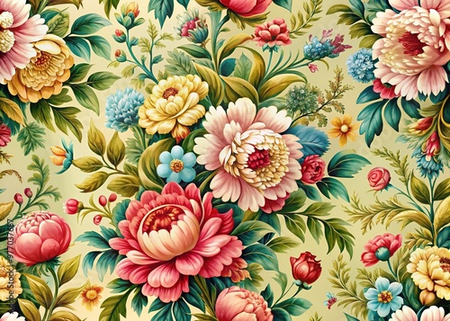 Intricate floral patterns adorn a wallpaper surface, crafting a vibrant and elegant backdrop for any room.