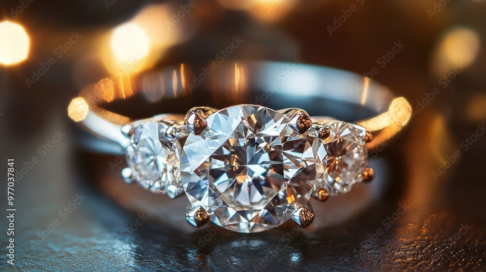 A macro shot of a diamond engagement ring in a three-stone setting, with the intricate details of the band and prongs in sharp focus. A macro shot of a diamond engagement ring in a three-stone setting, with the intricate details of the band and prongs in sharp focus.