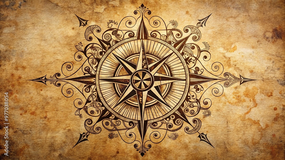 Intricate, swirling patterns of black ink form a stylized compass with delicate arrows, symbolic of direction and guidance, on a toned and textured skin canvas. Intricate, swirling patterns of black ink form a stylized compass with delicate arrows, symbolic of direction and guidance, on a toned and textured skin canvas.