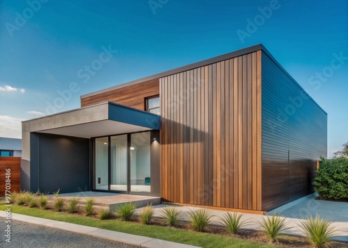 Modern luxury minimalist cubic house, villa with wooden cladding and black panel walls and landscaping design front yard. Residential architecture exterior.