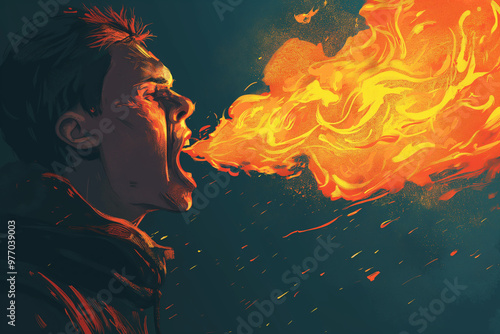 A man so angry that he spews fire from his mouth. photo