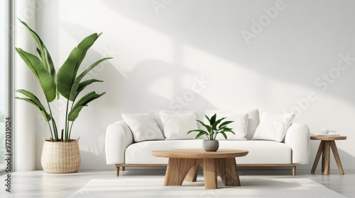 A minimalist living room with a white sofa, wooden coffee table, and a large potted plant, featuring clean lines and a serene atmosphere.