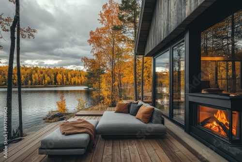 Beautiful Autumn Scenery of Luxury Cabin with Modern Interior photo