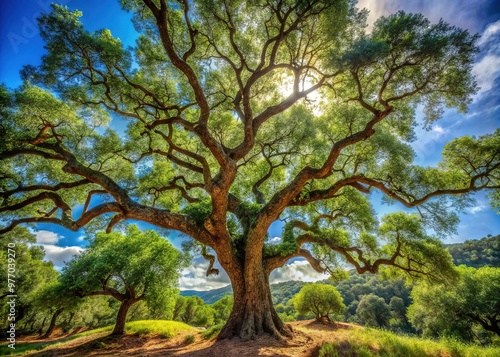 Obraz na płótnie Majestic cork oak tree stands tall in a lush green forest, its rugged bark and gnarled branches telling stories of centuries of Mediterranean sunshine. w salonie