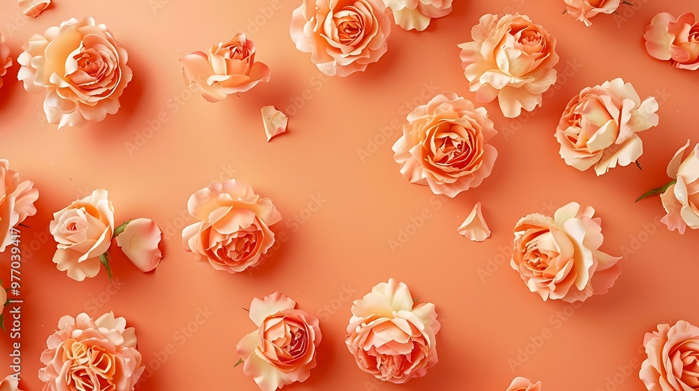 Fototapeta premium Finely cut blush roses on an orange backdrop forms an attractive backdrop