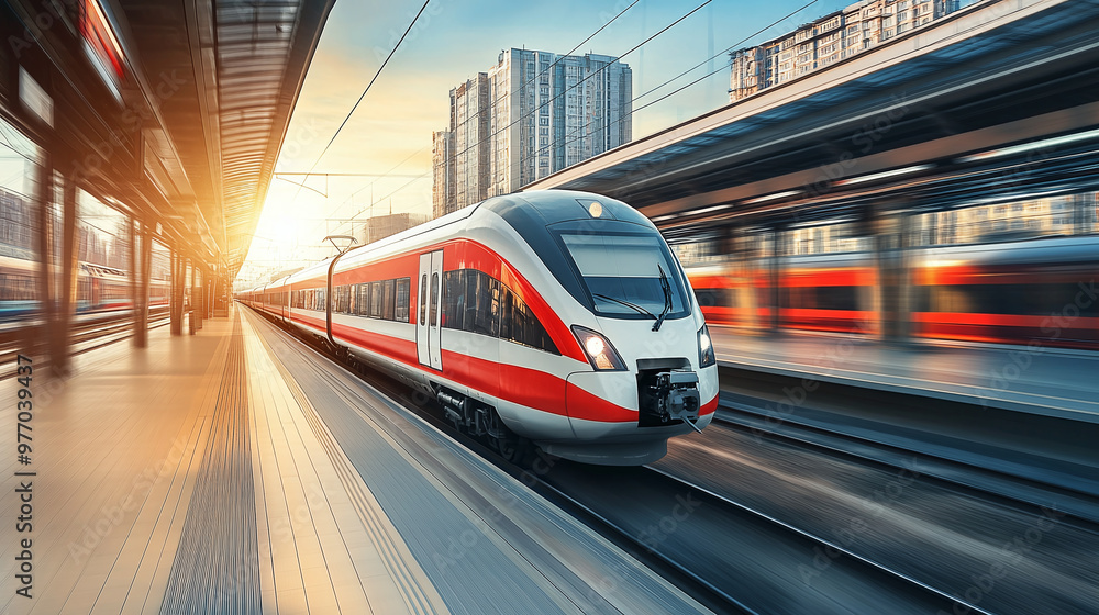 Modern high-speed train in motion at the railway station with a blue sky and sun rays, the colorful platform of a European city on a summer day Modern high-speed train in motion at the railway station with a blue sky and sun rays, the colorful platform of a European city on a summer day