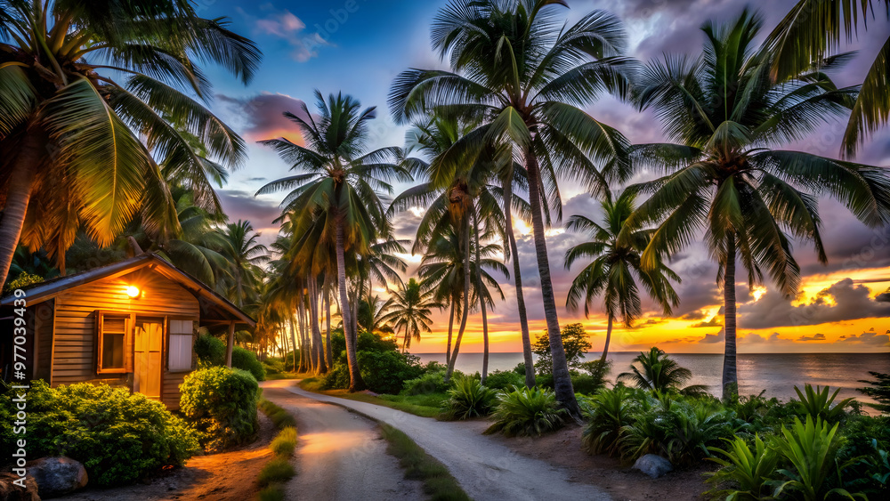 Peaceful tropical sunset with beautiful road side lush palm trees and a cozy cottage Idyllic beach scene featuring lush greenery and warm golden light Peaceful tropical sunset with beautiful road side lush palm trees and a cozy cottage Idyllic beach scene featuring lush greenery and warm golden light