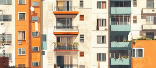 Modern apartment buildings featuring windows and balconies showcasing a contemporary residential complex with outdoor amenities captured in mixed media