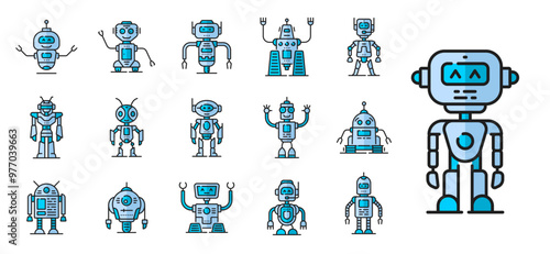 Color robot line and outline icons of cartoon toy cyborg or robotic android bot, vector characters. Retro robots with mechanical arms and face display, cyber machine or space alien on wheels