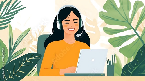 Smiling Woman Working from Home with Laptop and Headphones