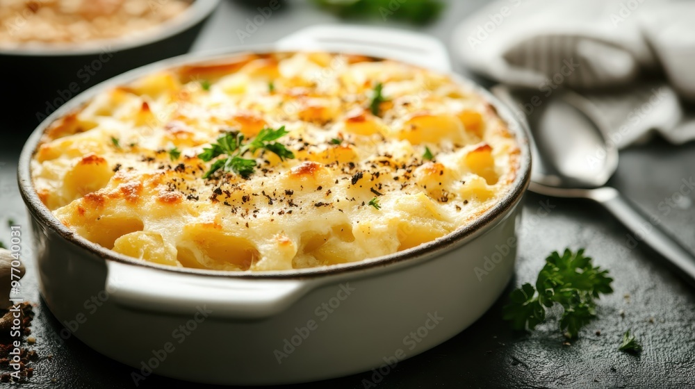 A pan of perfectly golden baked macaroni and cheese topped with a sprinkle of fresh parsley, promising a delicious, classic comfort food experience for any occasion. A pan of perfectly golden baked macaroni and cheese topped with a sprinkle of fresh parsley, promising a delicious, classic comfort food experience for any occasion.