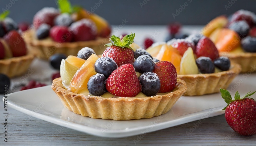 Classic fruit tarts with depth of field showcasing fresh fruits and buttery crusts Classic fruit tarts with depth of field showcasing fresh fruits and buttery crusts