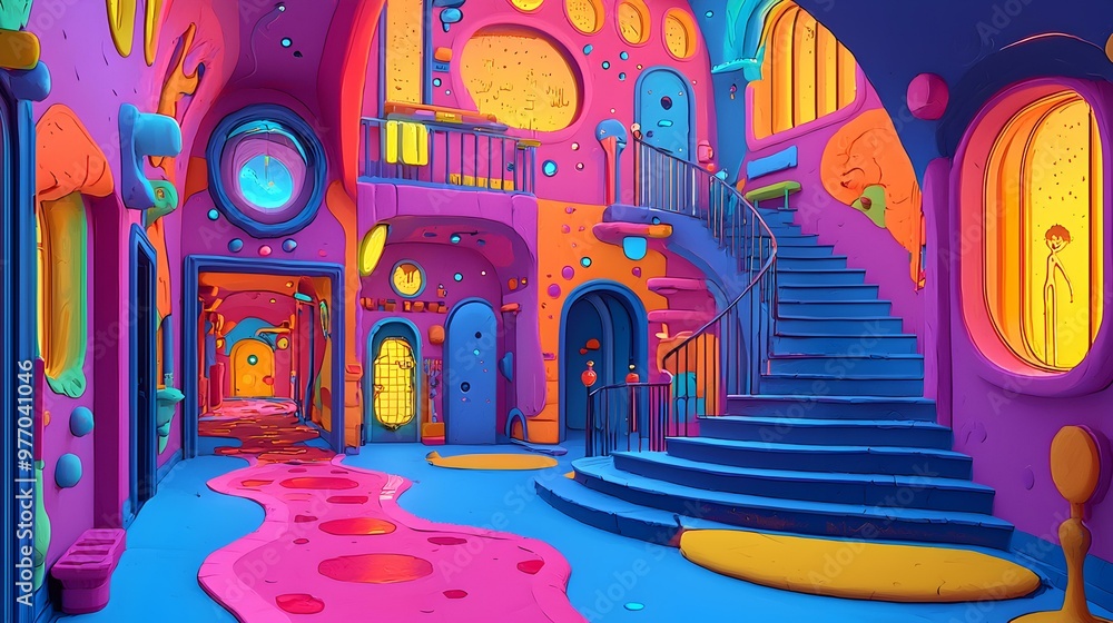 Obraz premium Whimsical Colorful Interior, a vibrant hallway filled with abstract shapes, vivid colors, and playful designs leading up a spiral staircase, creating an imaginative atmosphere.