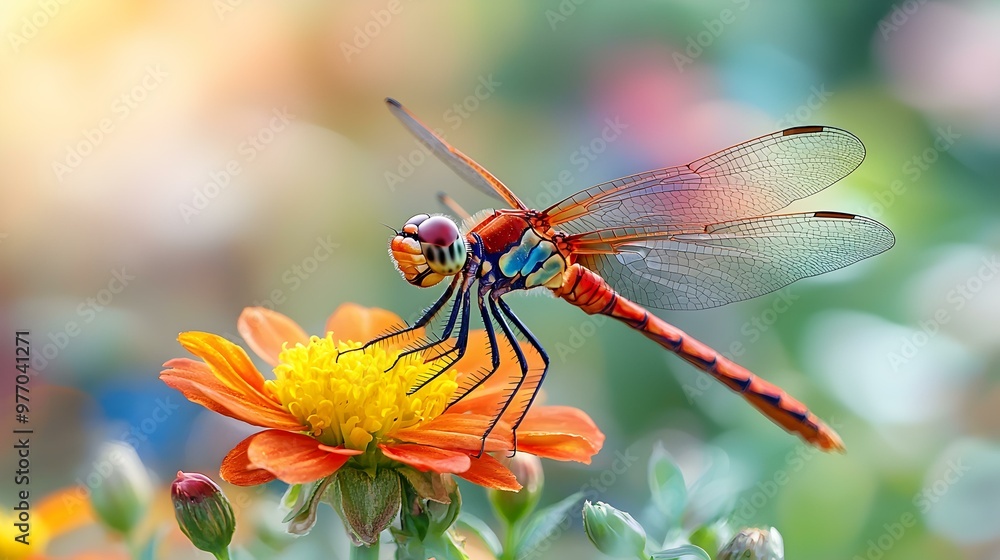 Vibrant dragonfly perched on a bright orange flower, showcasing intricate wings and colorful markings against a softly blurred garden background. Vibrant dragonfly perched on a bright orange flower, showcasing intricate wings and colorful markings against a softly blurred garden background.