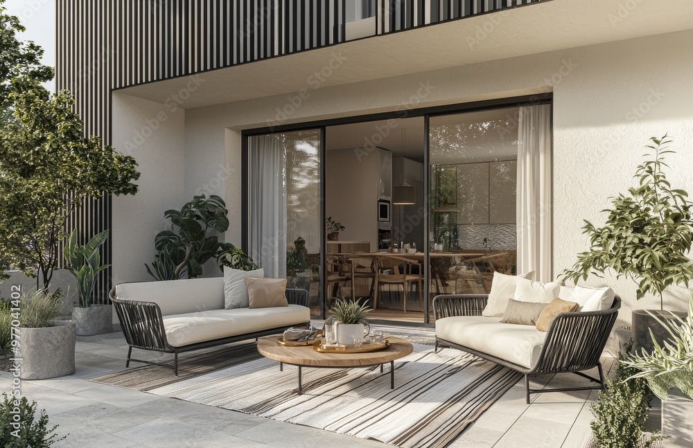 Stunning terrace with wood walls, an outdoor table and sofa, and a large window. The space is cozy and there is an abundance of plants and flowers. Stunning terrace with wood walls, an outdoor table and sofa, and a large window. The space is cozy and there is an abundance of plants and flowers.
