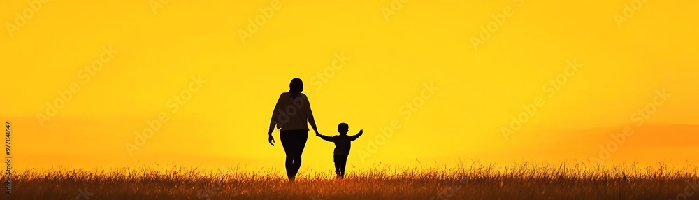 A heartwarming silhouette of a parent and child walking hand in hand during a golden sunset, illustrating love and connection. A heartwarming silhouette of a parent and child walking hand in hand during a golden sunset, illustrating love and connection.