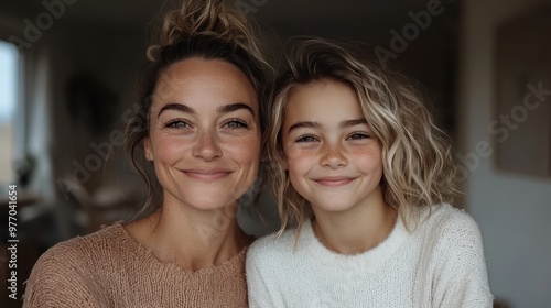 In a heartwarming scene, a mother and daughter share a joyful moment at home, their close bond evident in their relaxed and joyful expressions.