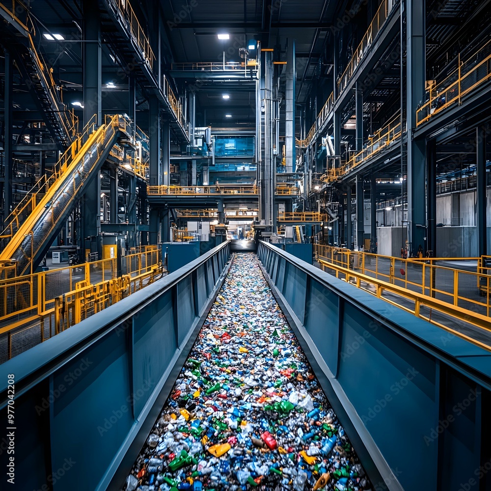 Industrial recycling facility, conveyor belt filled with assorted plastic waste, large machinery and structures loom in the background, vibrant colors contrast the steel environment. Industrial recycling facility, conveyor belt filled with assorted plastic waste, large machinery and structures loom in the background, vibrant colors contrast the steel environment.