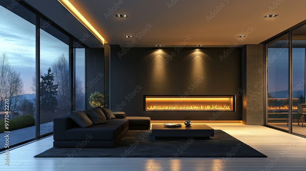 A modern living room with a sleek, built-in fireplace, minimalist furniture, and soft lighting, providing a warm and stylish ambiance. A modern living room with a sleek, built-in fireplace, minimalist furniture, and soft lighting, providing a warm and stylish ambiance.
