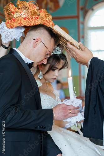 Obraz na plátně Romantic Orthodox Wedding Ceremony with Traditional Crowning Ritual