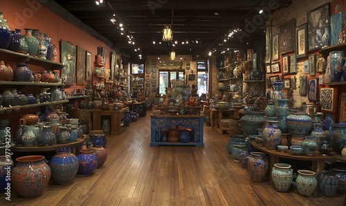 Colorful pottery collection, vibrant display of handcrafted ceramic pieces and artworks filling walls and shelves, inviting visitors to explore the artistic treasures within.