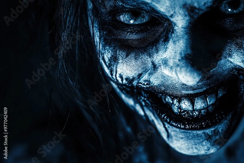 closeup portrait of scary crazy zombie girl in blood laughing on gloomy dark background photo