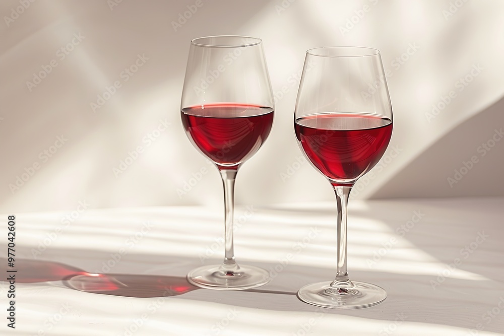 Two wine glasses filled with red wine on white background with bright sunlight Two wine glasses filled with red wine on white background with bright sunlight
