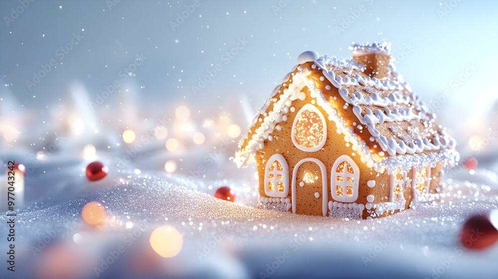 Naklejka premium Whimsical Gingerbread House Adorned with Icing Snowflakes, Surrounded by Soft Snow and Glimmering Ornaments, Capturing a Festive Winter Wonderland Atmosphere