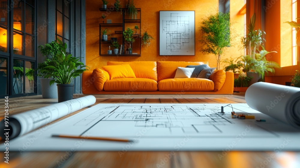 Fototapeta premium A detailed architectural floor plan laid out on a table with drafting tools such as a compass, ruler, and triangle. The floor plan includes furniture layout and room design.