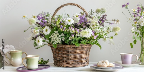 rustic bohemian purple white floral arrangement lavender lilac flowers poppies
