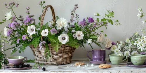 rustic bohemian purple white floral arrangement lavender lilac flowers poppies