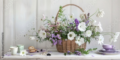 rustic bohemian purple white floral arrangement lavender lilac flowers poppies