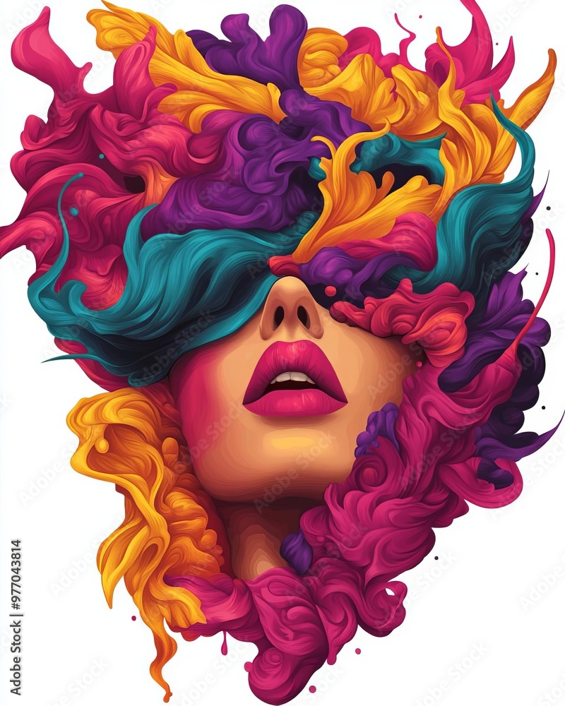 A vibrant and colorful artistic depiction of a woman's face surrounded by swirling, multicolored patterns. A vibrant and colorful artistic depiction of a woman's face surrounded by swirling, multicolored patterns.