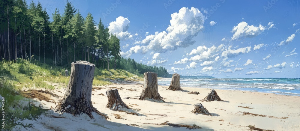 Vertical view of a beach and coastal seascape featuring weathered tree stumps scattered in the sandy shore Vertical view of a beach and coastal seascape featuring weathered tree stumps scattered in the sandy shore
